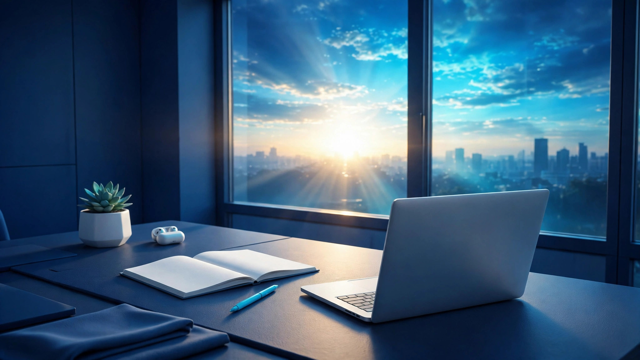 CCSOL 1st anniversary illustration: sunrise over a startup office desk