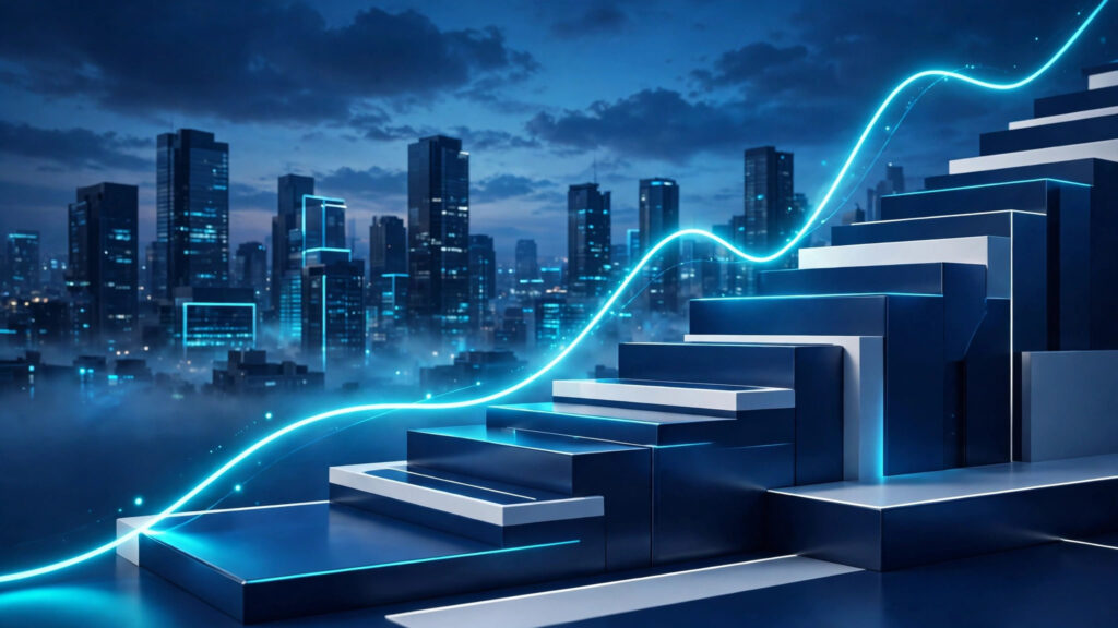CCSOL 3rd anniversary illustration: rising steps over a city skyline at dusk
