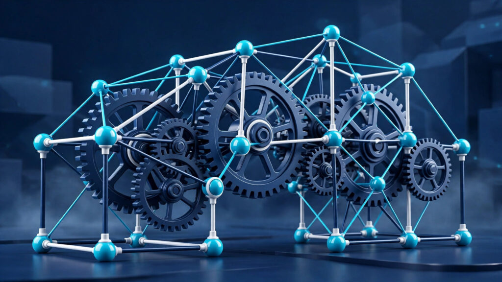 CCSOL 4th anniversary illustration: interlocking gears and connected nodes