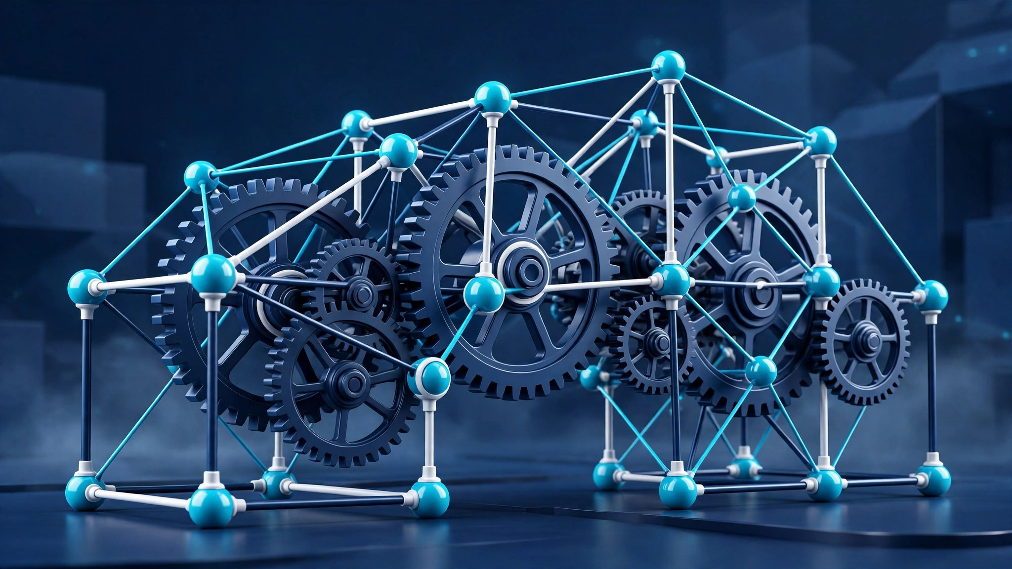 CCSOL 4th anniversary illustration: interlocking gears and connected nodes