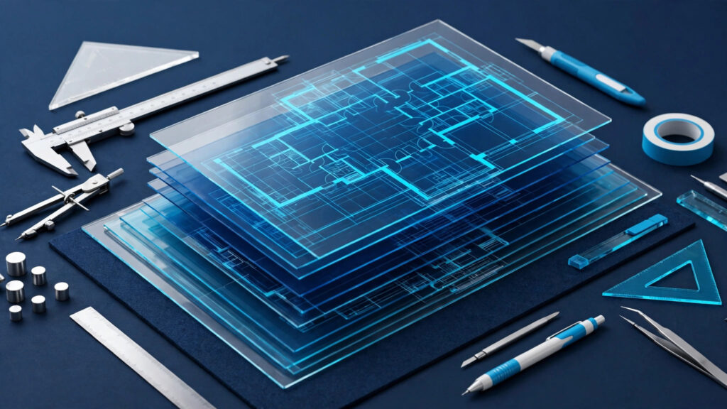 CCSOL 8th anniversary illustration: architectural blueprint and precision tools