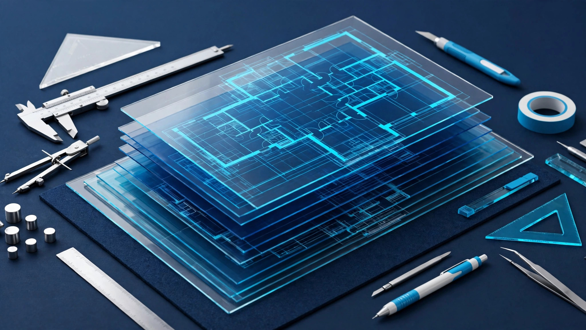 CCSOL 8th anniversary illustration: architectural blueprint and precision tools