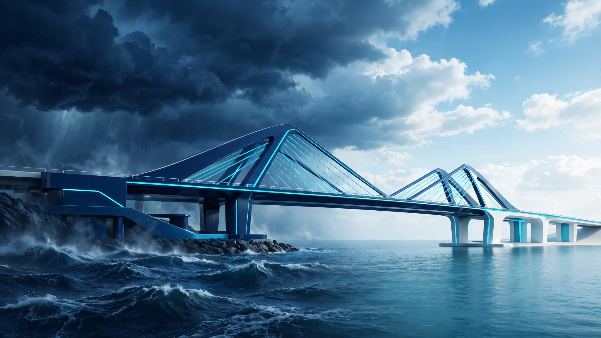 CCSOL 12th anniversary illustration: bridge from stormy water toward calm sky