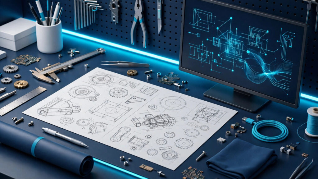 CCSOL 14th anniversary illustration: workshop desk with code and design sketches